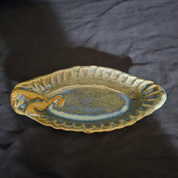 Art Pottery Signed Kristen Oval Blue Green Glazed Sea Horse Dish - Picture 3 of 4